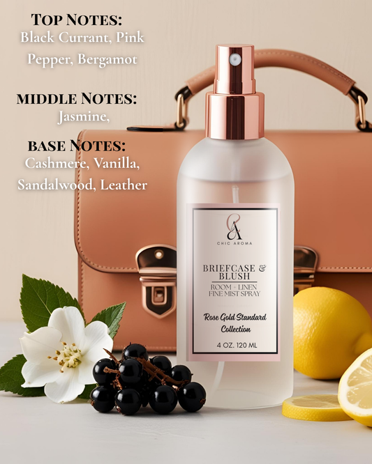 Briefcase & Blush room spray styled with vanilla, bergamot, and florals